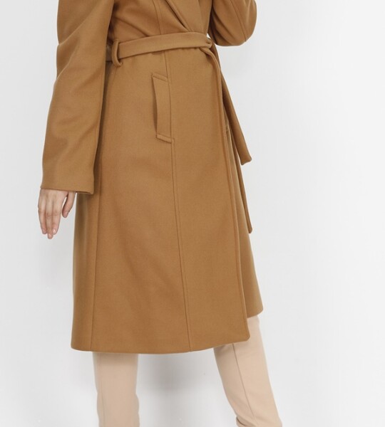 11019 Kaşe Kumaş Beli Kemerli Kaban-TABA