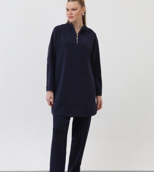 10611  Modal Kumaş Fermuar Detaylı Tesettür Tunik-Lacivert