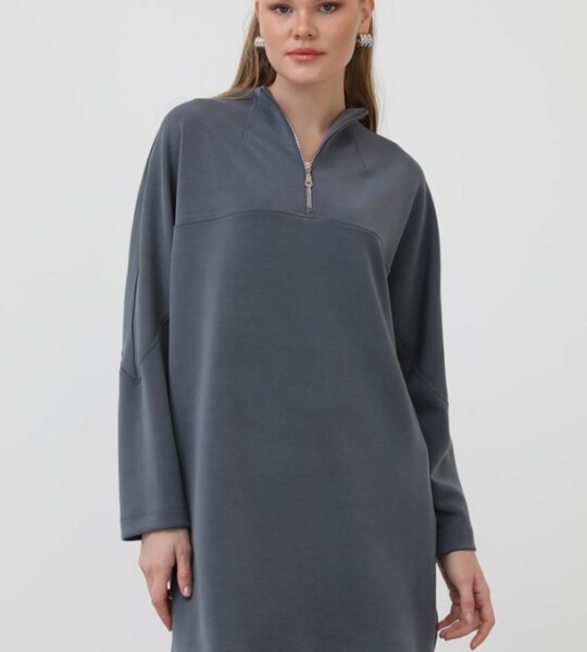 10611  Modal Kumaş Fermuar Detaylı Tesettür Tunik-Gri