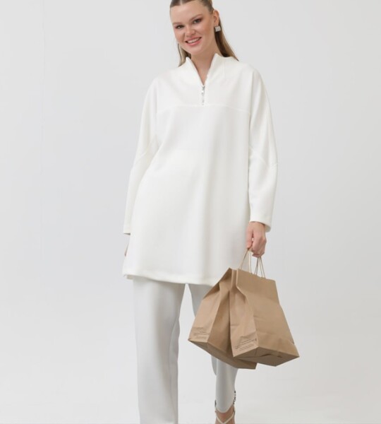 10611  Modal Kumaş Fermuar Detaylı Tesettür Tunik-Ekru