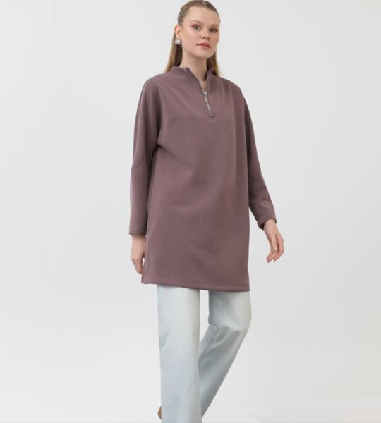 10611  Modal Kumaş Fermuar Detaylı Tesettür Tunik-Lila