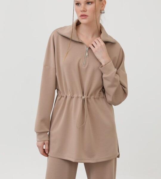 20608  Modal Kumaş Bel Büzgü Detaylı Tesettür İkili Takım-Vizon