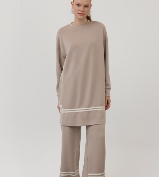 14291  Modal Kumaş Arma ve Çizgi Detaylı Tesettür İkili Takım-Taş