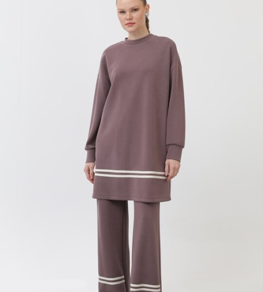 14291  Modal Kumaş Arma ve Çizgi Detaylı Tesettür İkili Takım-Lila