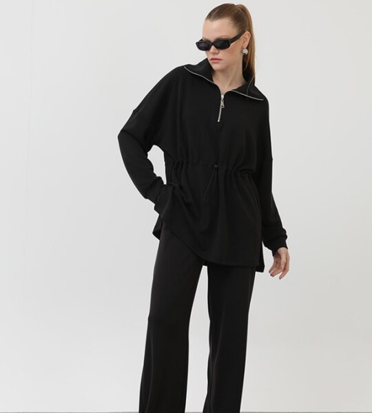 20608  Modal Kumaş Bel Büzgü Detaylı Tesettür İkili Takım-Siyah