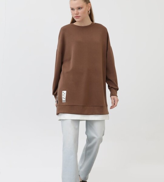 10613  Modal Kumaş Arma ve Fermuar Detaylı Sweatshirt-Kahverengi