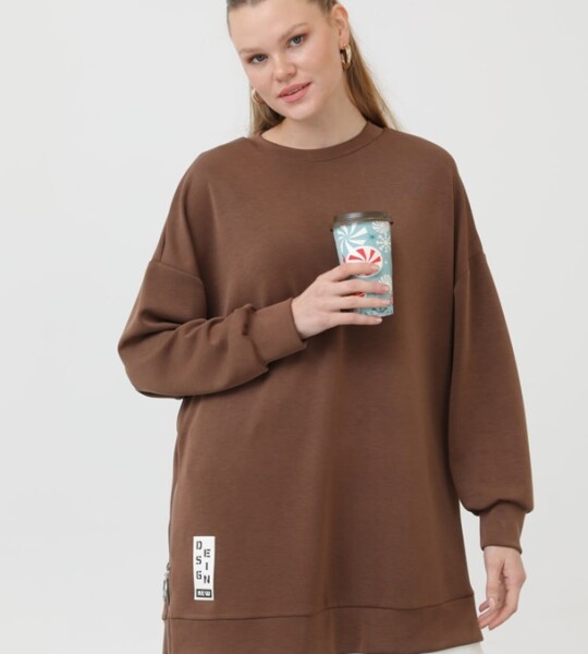 10613  Modal Kumaş Arma ve Fermuar Detaylı Sweatshirt-Kahverengi
