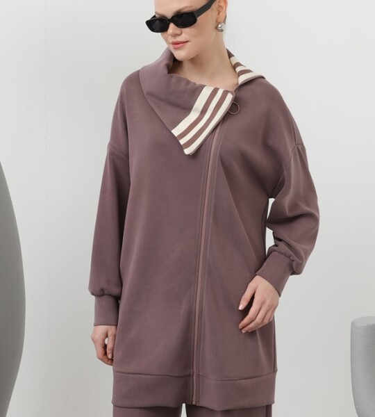 14292  Modal Kumaş Degaje Yaka Çizgi Detaylı Tesettür İkili Takım-Lila