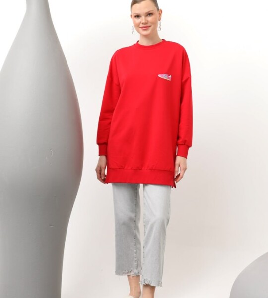 20614  İki İplik Kumaş Ayakkabı Baskılı Tesettür Sweatshirt-Kırmızı