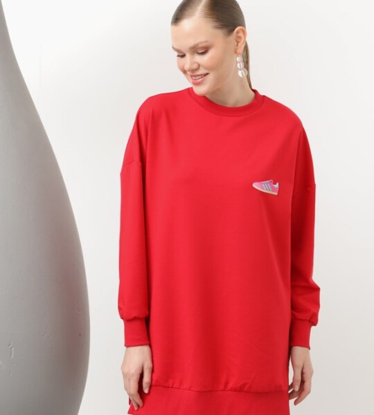 20614  İki İplik Kumaş Ayakkabı Baskılı Tesettür Sweatshirt-Kırmızı