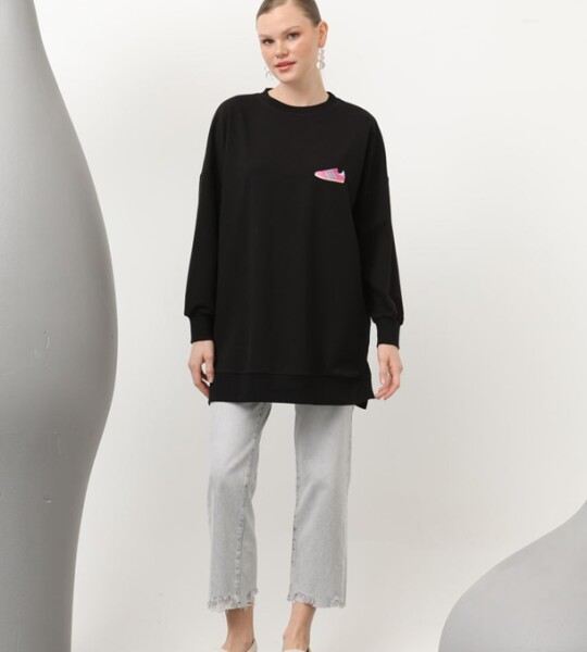 20614  İki İplik Kumaş Ayakkabı Baskılı Tesettür Sweatshirt-Siyah