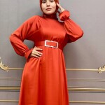 8051 Yarasa Kol Krep Saten Abiye-KİREMİT