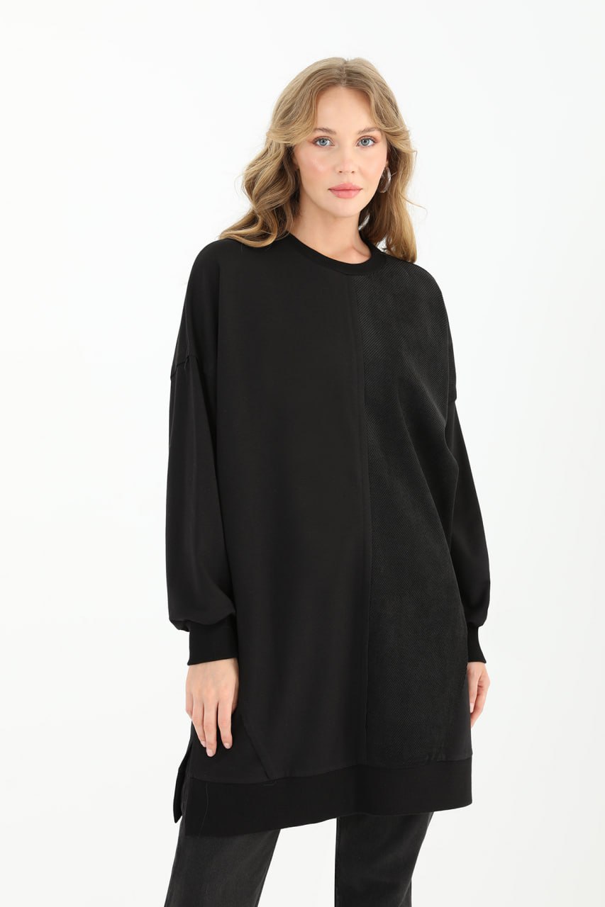10569 PUANE İKİ İPLİK KUMAŞ ÇİZGİLİ KUMAŞ GARNİLİ SWEATSHIRT-SİYAH