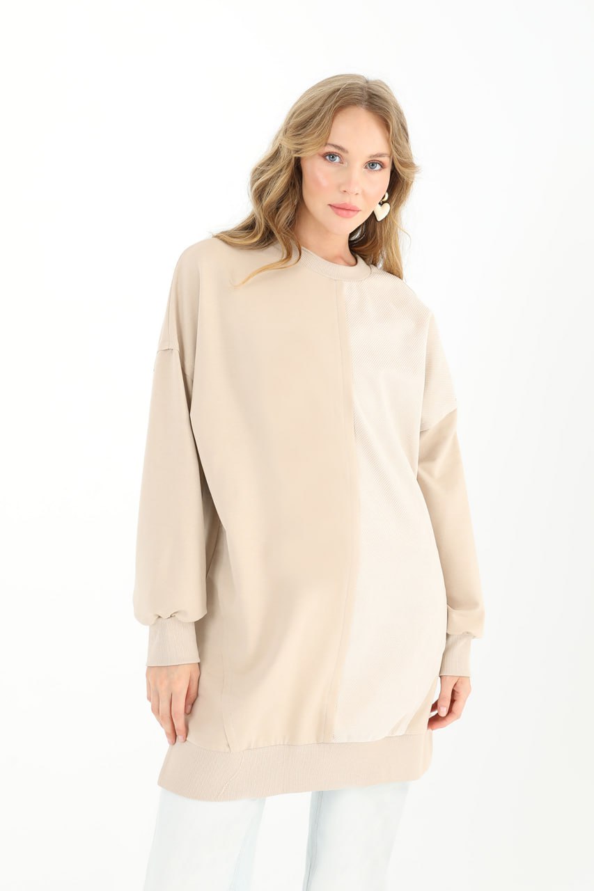 10569 PUANE İKİ İPLİK KUMAŞ ÇİZGİLİ KUMAŞ GARNİLİ SWEATSHIRT-TAŞ