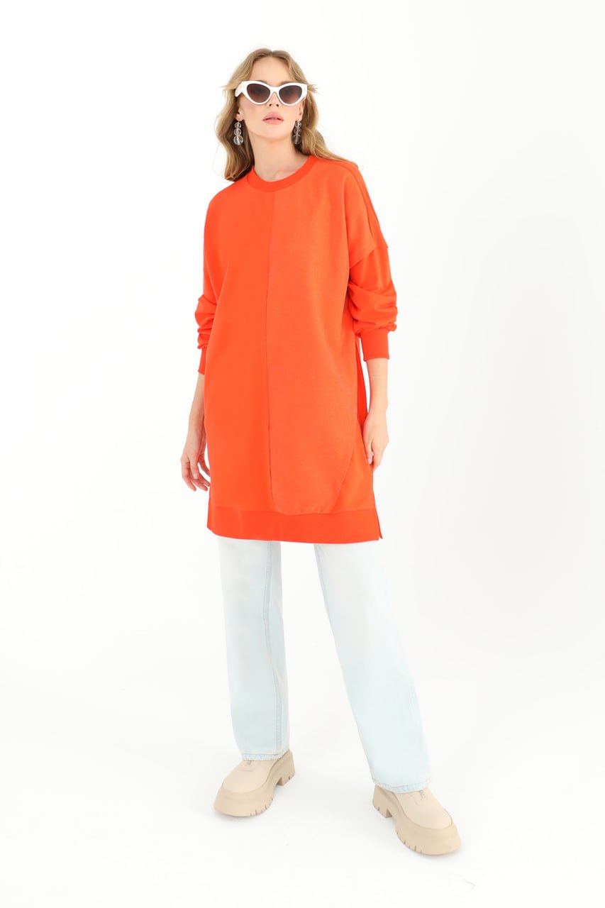 10569 PUANE İKİ İPLİK KUMAŞ ÇİZGİLİ KUMAŞ GARNİLİ SWEATSHIRT-ORANJ
