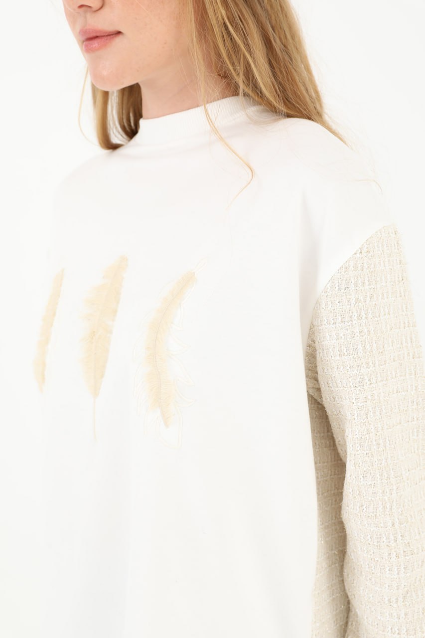 10559 PUANE İKİ İPLİK KUMAŞ KOLLARI VE ARKASI ÖRGÜLÜ SWEATSHIRT-EKRU
