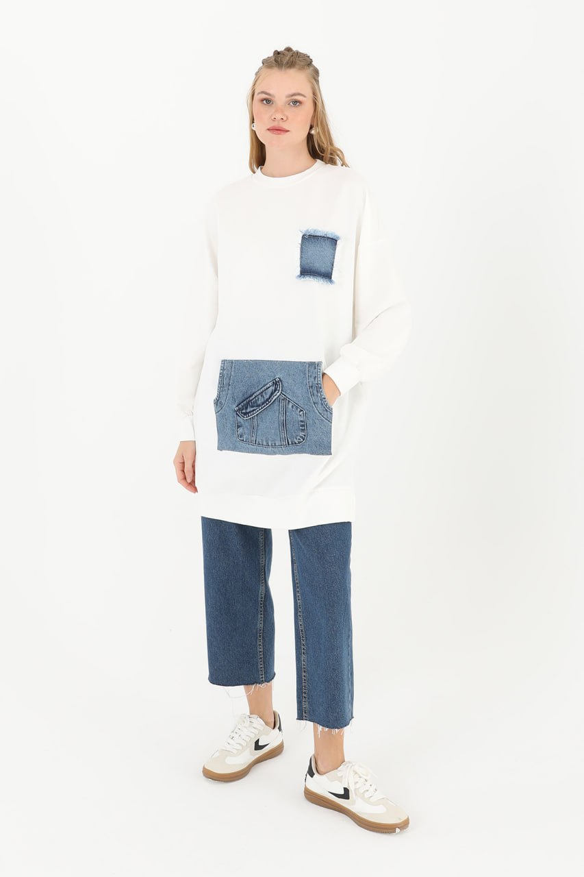 10560 PUANE İKİ İPLİK KUMAŞ KOT KANGURU CEPLİ SWEATSHIRT-EKRU