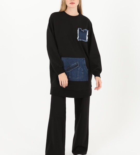 10560 PUANE İKİ İPLİK KUMAŞ KOT KANGURU CEPLİ SWEATSHIRT-SİYAH