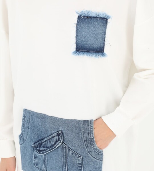 10560 PUANE İKİ İPLİK KUMAŞ KOT KANGURU CEPLİ SWEATSHIRT-EKRU