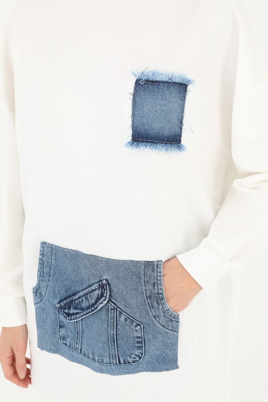 10560 PUANE İKİ İPLİK KUMAŞ KOT KANGURU CEPLİ SWEATSHIRT-EKRU