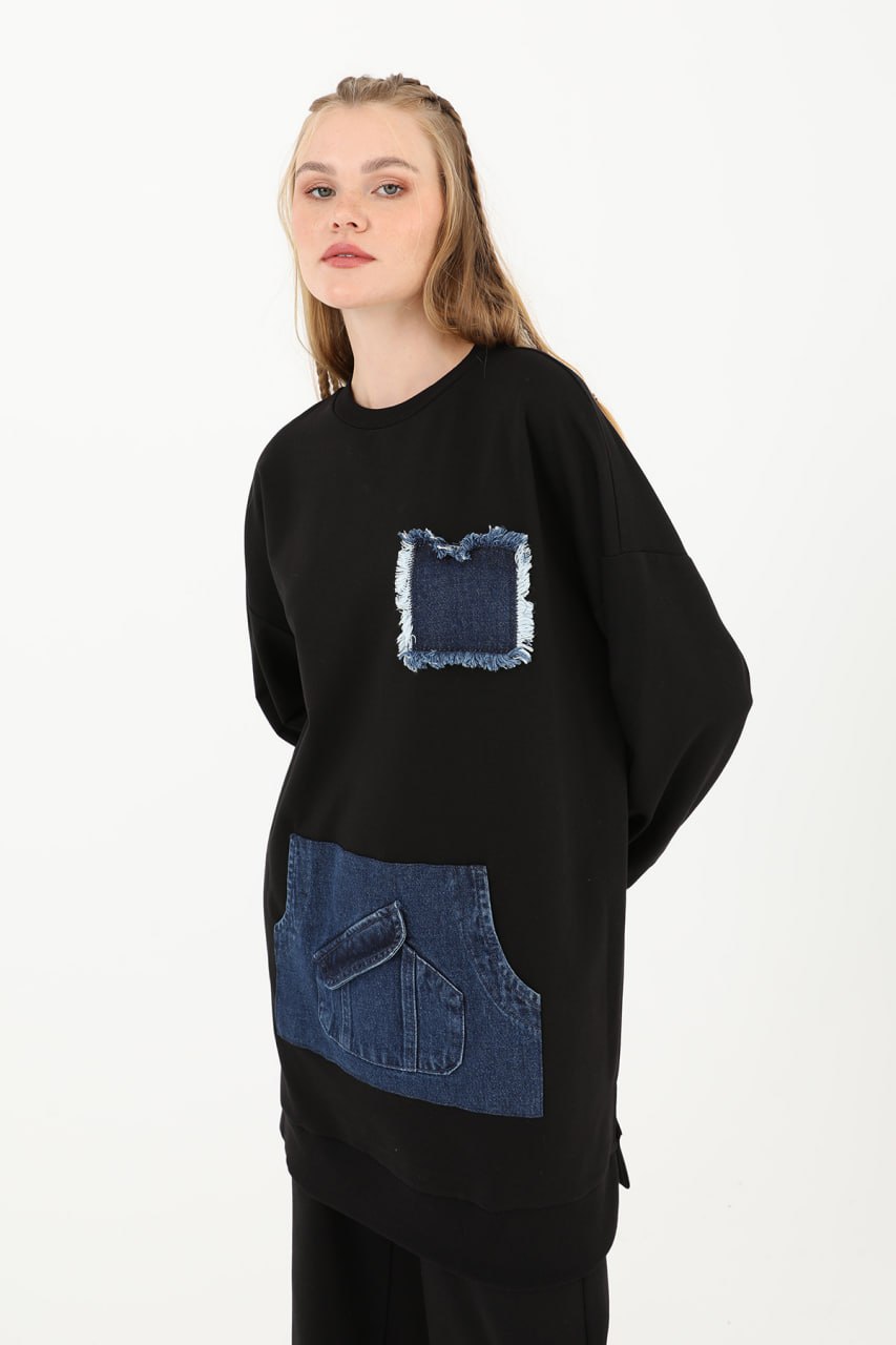 10560 PUANE İKİ İPLİK KUMAŞ KOT KANGURU CEPLİ SWEATSHIRT-SİYAH