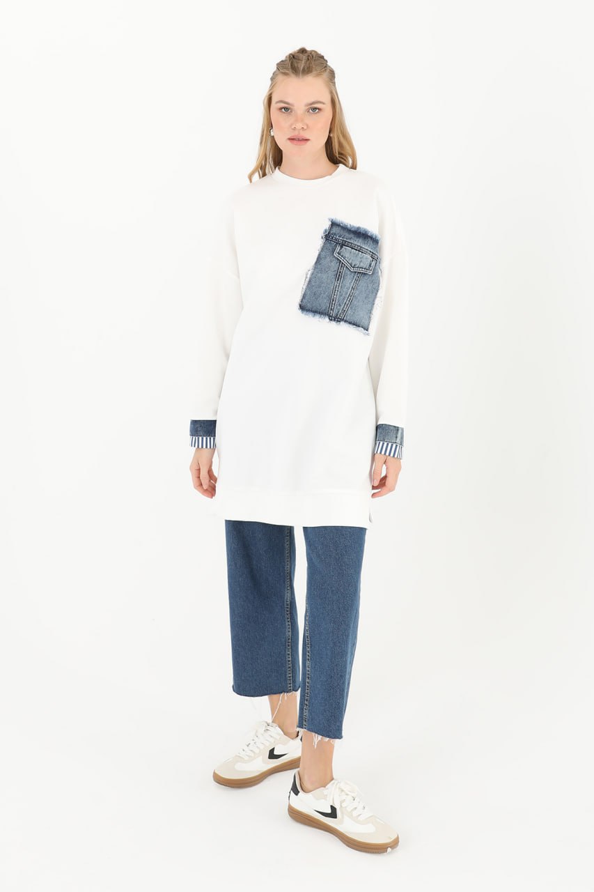 10566 PUANE İKİ İPLİK KUMAŞ KOT KUMAŞ GARNİLİ SWEATSHIRT-EKRU