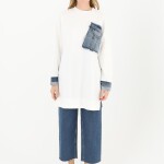 10566 PUANE İKİ İPLİK KUMAŞ KOT KUMAŞ GARNİLİ SWEATSHIRT-EKRU