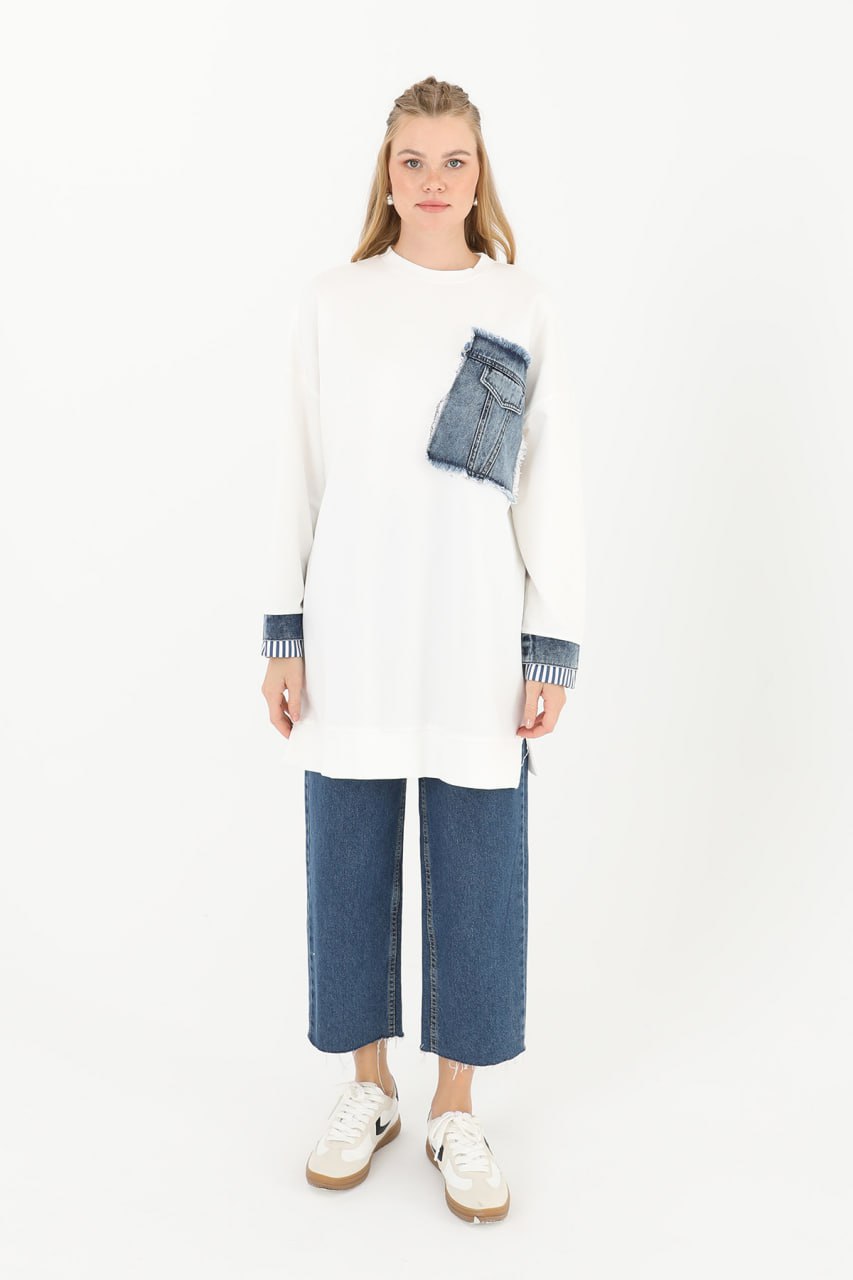 10566 PUANE İKİ İPLİK KUMAŞ KOT KUMAŞ GARNİLİ SWEATSHIRT-EKRU