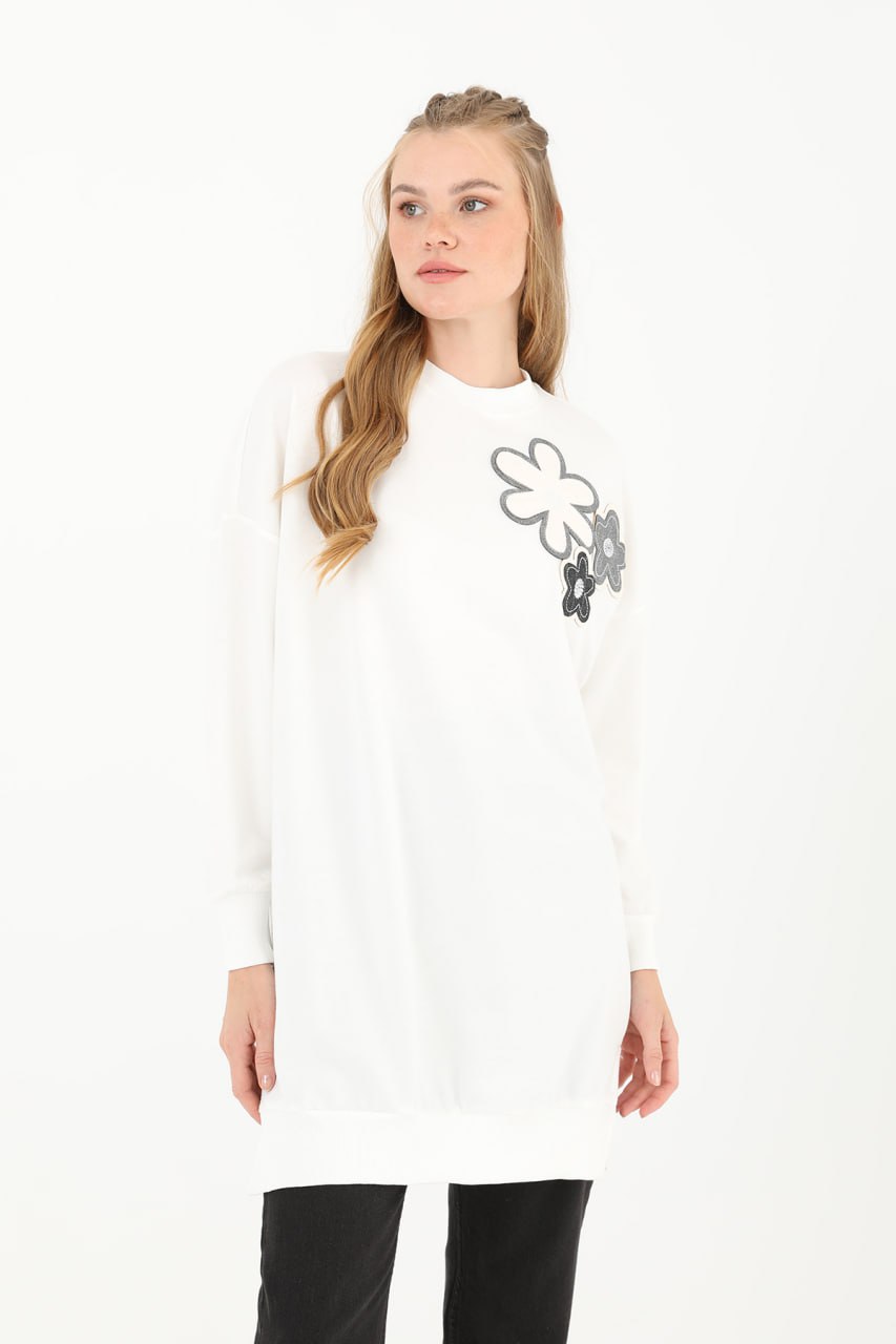 10568 PUANE İKİ İPLİK KUMAŞ ÇİÇEK BASKILI SWEATSHIRT-EKRU