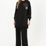 10568 PUANE İKİ İPLİK KUMAŞ ÇİÇEK BASKILI SWEATSHIRT-SİYAH