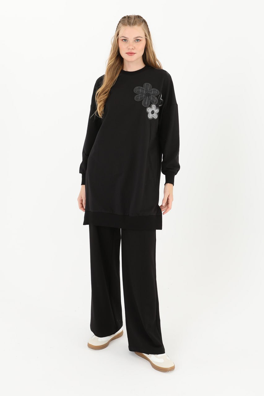 10568 PUANE İKİ İPLİK KUMAŞ ÇİÇEK BASKILI SWEATSHIRT-SİYAH