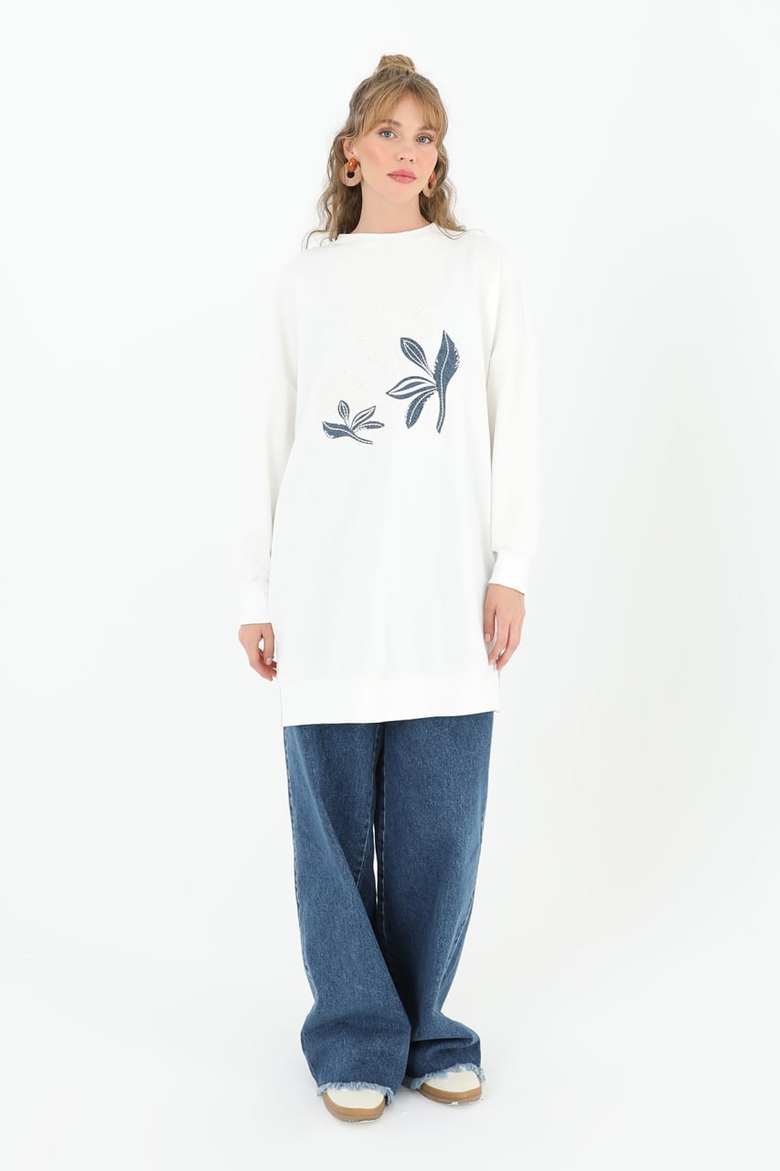 10573 PUANE İKİ İPLİK KUMAŞ KOT GARNİLİ SWEATSHIRT-EKRU