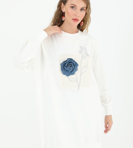 10575 PUANE İKİ İPLİK KUMAŞ NAKIŞLI VE ÇİÇEKLİ SWEATSHIRT-EKRU