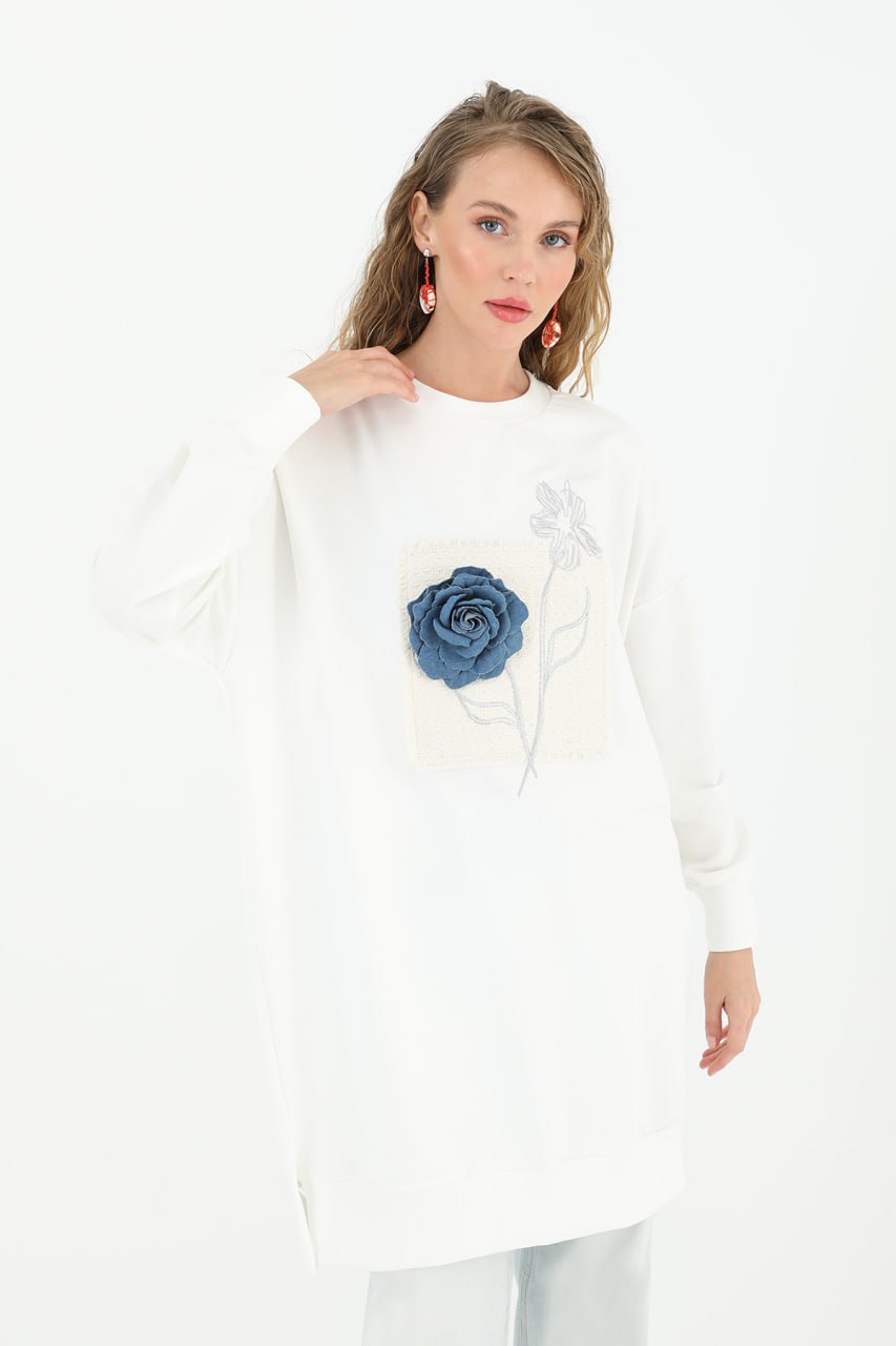 10575 PUANE İKİ İPLİK KUMAŞ NAKIŞLI VE ÇİÇEKLİ SWEATSHIRT-EKRU