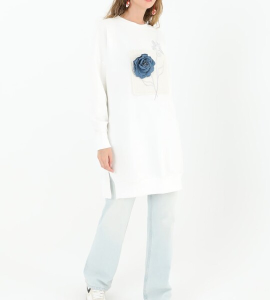 10575 PUANE İKİ İPLİK KUMAŞ NAKIŞLI VE ÇİÇEKLİ SWEATSHIRT-EKRU