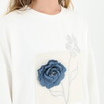 10575 PUANE İKİ İPLİK KUMAŞ NAKIŞLI VE ÇİÇEKLİ SWEATSHIRT-EKRU