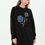 10575 PUANE İKİ İPLİK KUMAŞ NAKIŞLI VE ÇİÇEKLİ SWEATSHIRT-SİYAH