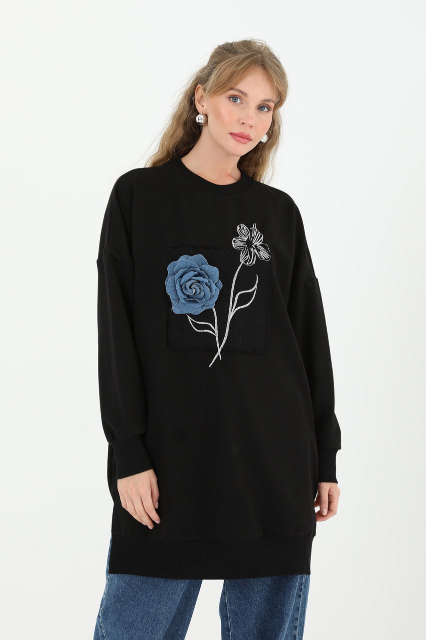 10575 PUANE İKİ İPLİK KUMAŞ NAKIŞLI VE ÇİÇEKLİ SWEATSHIRT-SİYAH