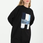10582 PUANE İKİ İPLİK KUMAŞ ÖNÜ KUMAŞ GARNİLİ SWEATSHIRT-SİYAH