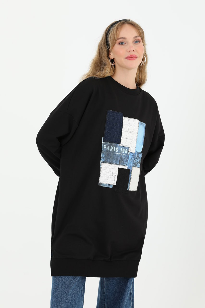 10582 PUANE İKİ İPLİK KUMAŞ ÖNÜ KUMAŞ GARNİLİ SWEATSHIRT-SİYAH