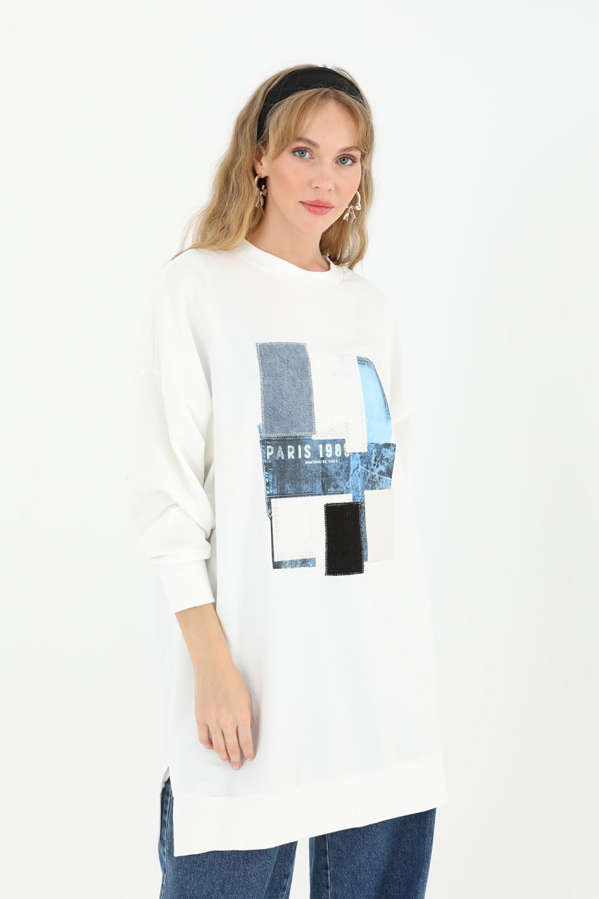 10582 PUANE İKİ İPLİK KUMAŞ ÖNÜ KUMAŞ GARNİLİ SWEATSHIRT-EKRU