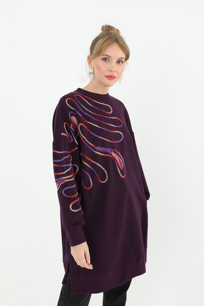 10583 PUANE İKİ İPLİK KUMAŞ ÖRGÜ DESENLİ SWEATSHIRT-MOR