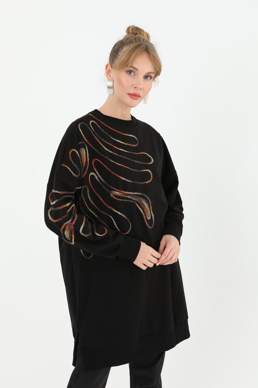 10583 PUANE İKİ İPLİK KUMAŞ ÖRGÜ DESENLİ SWEATSHIRT-SİYAH