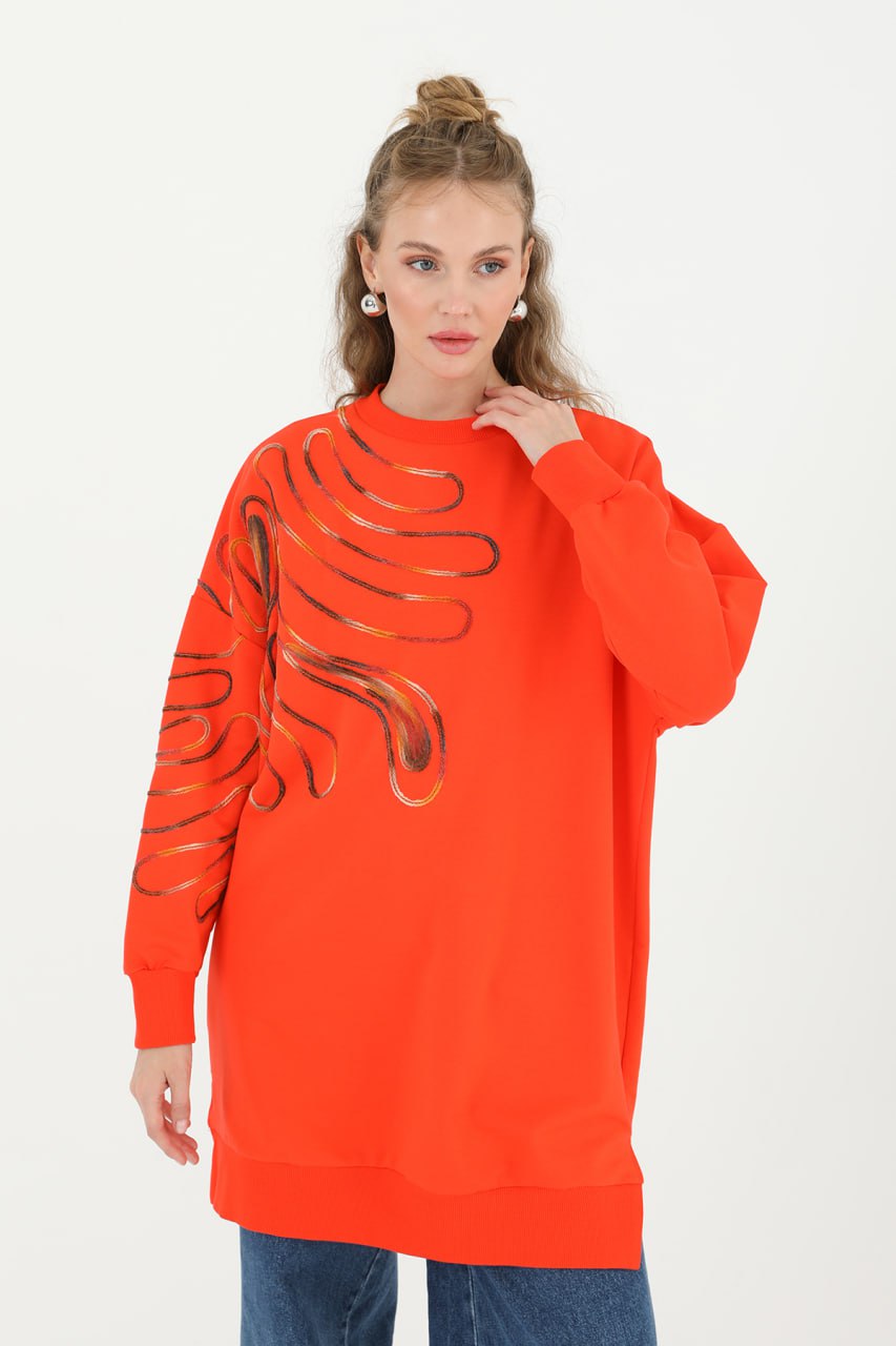 10583 PUANE İKİ İPLİK KUMAŞ ÖRGÜ DESENLİ SWEATSHIRT-ORANJ