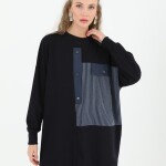 10588 PUANE İKİ İPLİK KUMAŞ DÜĞME VE KUMAŞ DETAYLI SWEATSHIRT-SİYAH