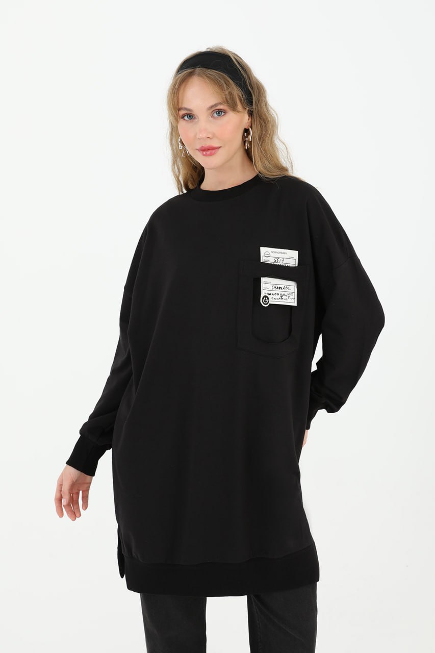 10597 PUANE İKİ İPLİK KUMAŞ CEP VE YAZI DETAYLI SWEATSHIRT-SİYAH