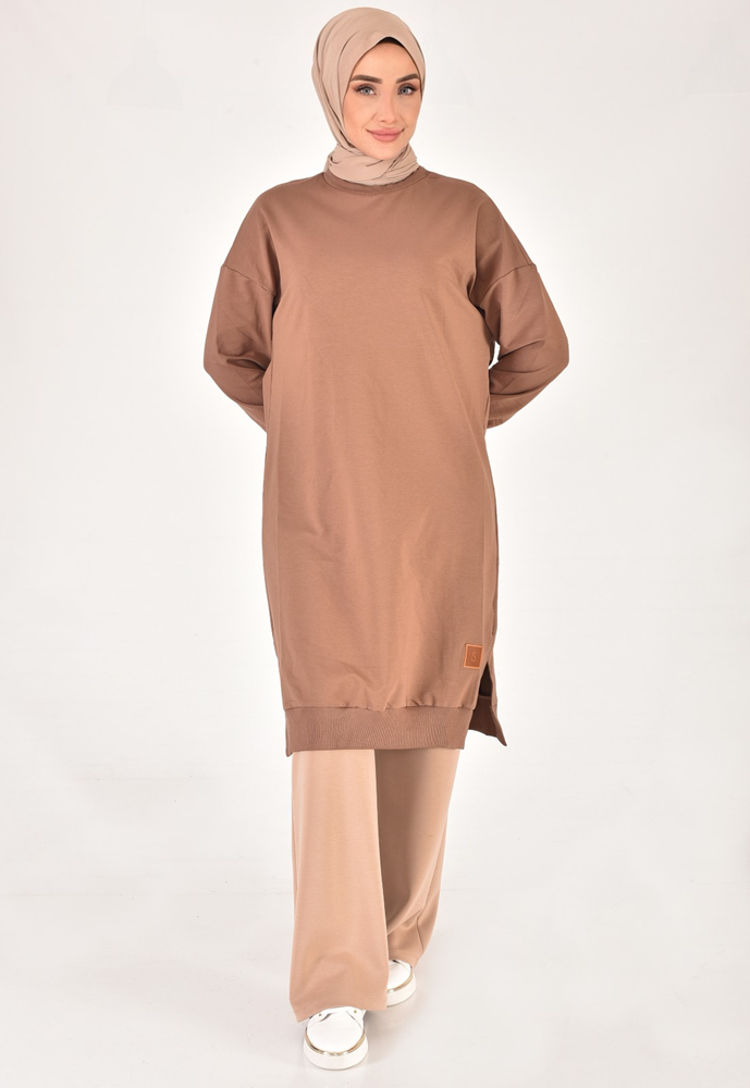 30645 Puane 2 İplik Kumaş Uzun Boy Basic Sweatshirt-KAHVERENGİ