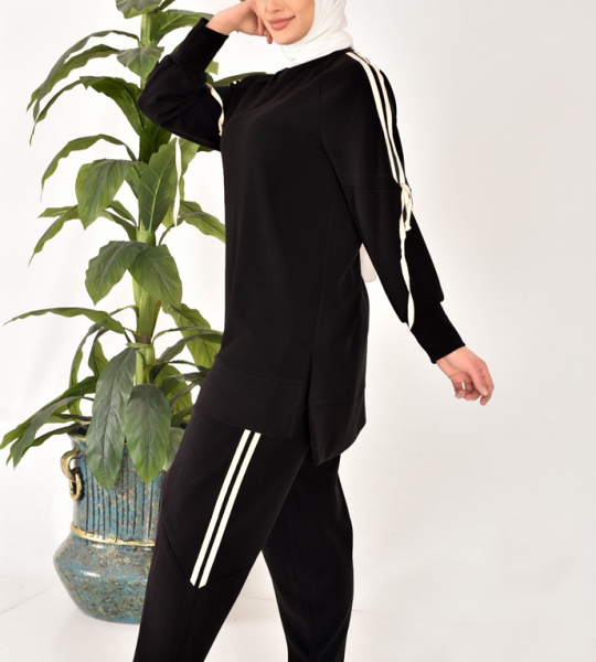 20606 Modal kumaş kol detaylı tesettür ikili takım-SİYAH