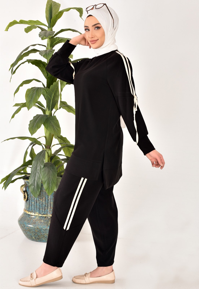 20606 Modal kumaş kol detaylı tesettür ikili takım-SİYAH