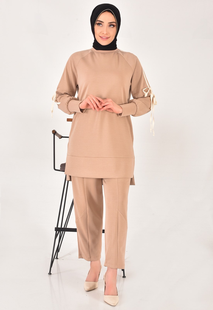 20606 Modal kumaş kol detaylı tesettür ikili takım-TAŞ